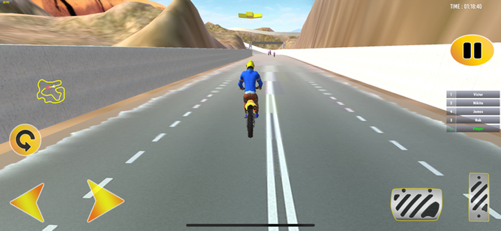 Highway Bike Stunt Racing Game - vista en tercera persona de un piloto en una moto de cross amarilla compitiendo en una autopista a través de un entorno desértico