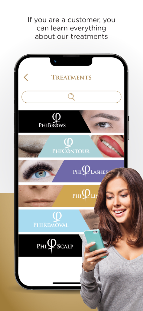 PhiApp mobiler Bildschirm mit einem Menü für Beauty-Behandlungen wie PhiBrows und PhiLashes