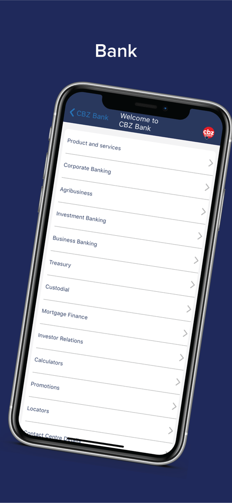 CBZ Touch - Una pantalla de teléfono móvil que muestra el menú bancario de CBZ Touch con opciones como banca corporativa, agronegocios y banca de inversión.