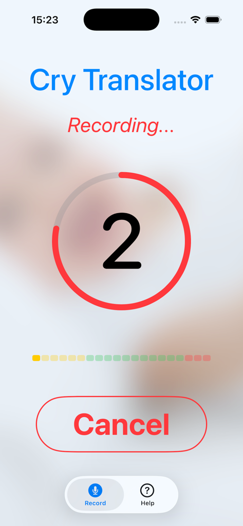 Cry Translator - Cry Translator app interface showing a 5 second recording countdown to analyze a baby's cry.