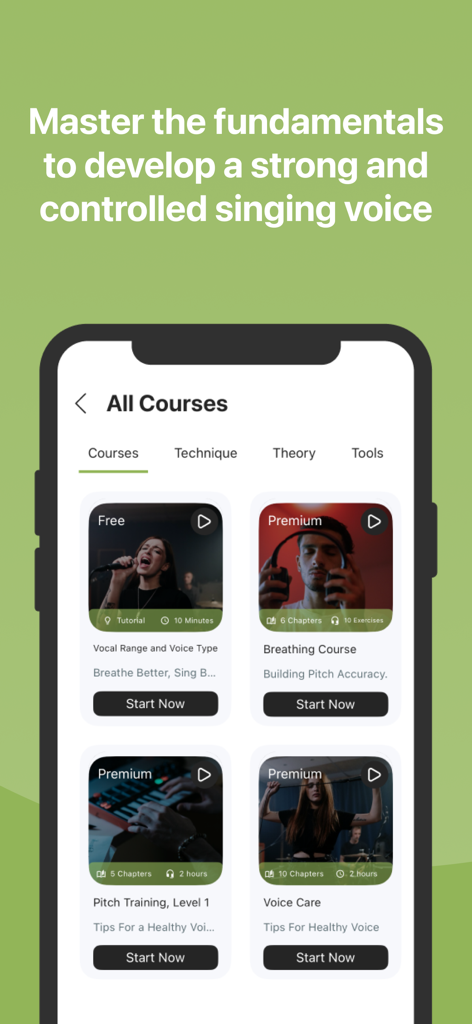 Singing Lessons: Learn to Sing - Interfaz de la aplicación móvil mostrando varios cursos de entrenamiento vocal como rango vocal, respiración y entrenamiento de afinación.