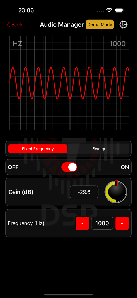 Taramps Pro - Taramps Pro Audio Manager screen displaying a frequency generator with a sine wave graph and gain controls