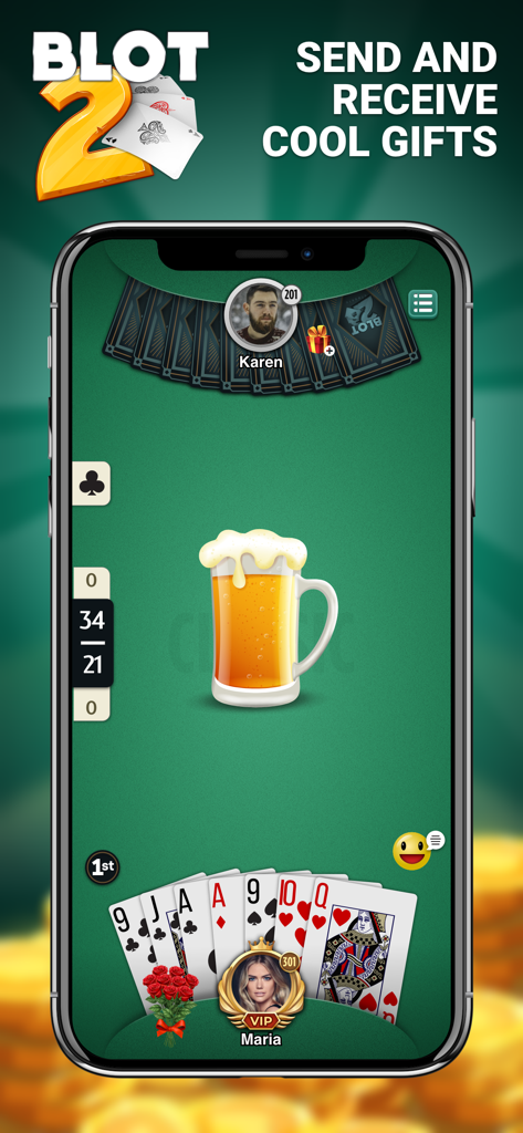Blot 2 - Blot 2 card game interface showing two players exchanging a virtual beer gift during an online match