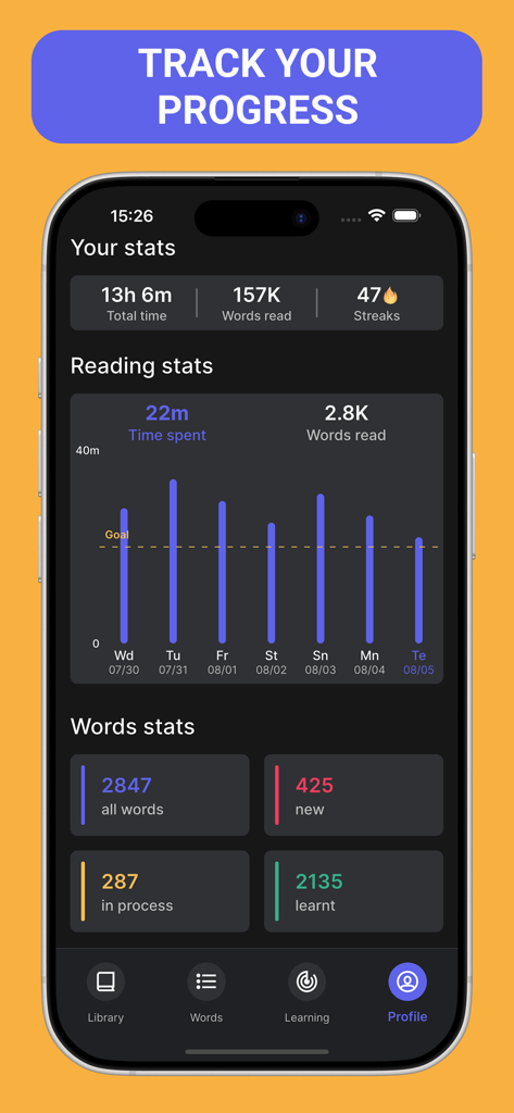 Bookvo: English Learning - Mobile app interface showing reading statistics and vocabulary learning progress for English students