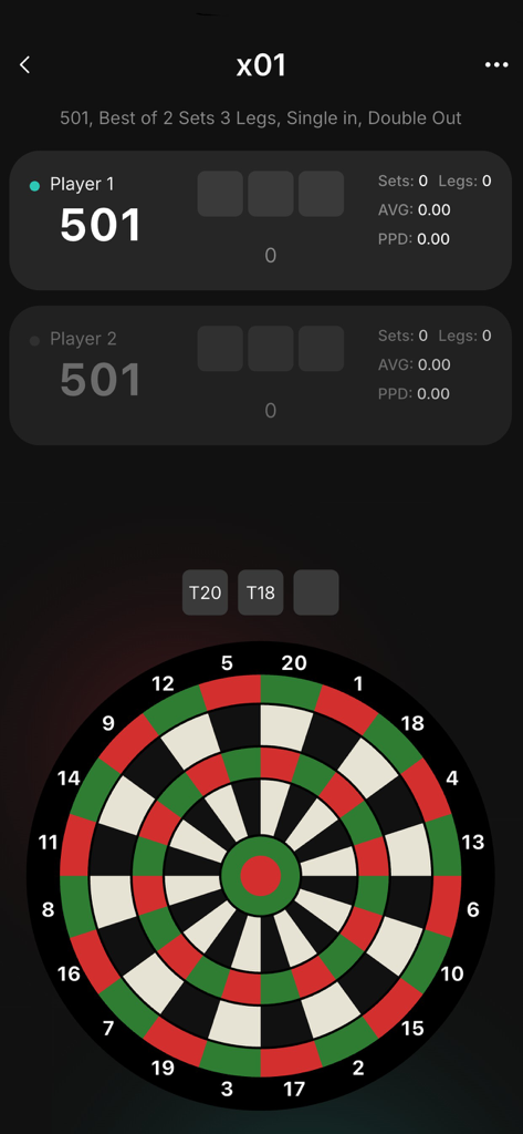 Dart scoreboard app interface showing player scores and a digital dartboard for input