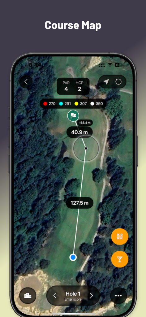 The Golf App | All-in-one - Screenshot of the golf app showing a satellite course map with GPS distance markers and hole information