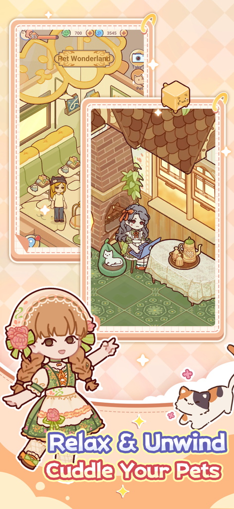 My Leisure Time - Dos escenas del juego de Mi Tiempo Libre que muestran a un personaje relajándose en una mesa y a otro en un área de Mundo de Mascotas con gatos.