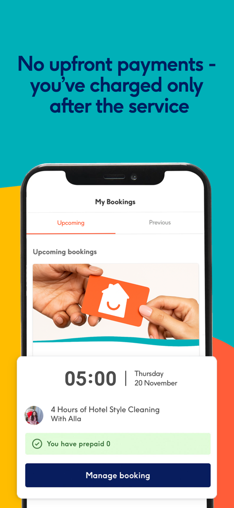 GetCleaner - Home Services - Ein Screenshot der GetCleaner-App, der eine bevorstehende Reinigungsdienstbuchung und Zahlungsdetails zeigt
