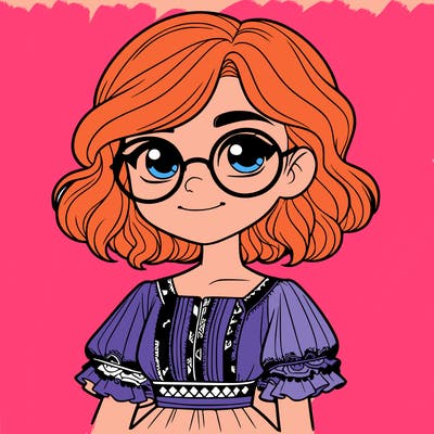 one girl with medium short hair, which are wavy. she has round glasses. she wears a latina outfit.