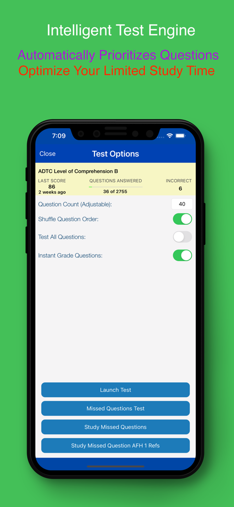 Interface of the PDG PROmote 2025 app showing intelligent test engine options and study progress
