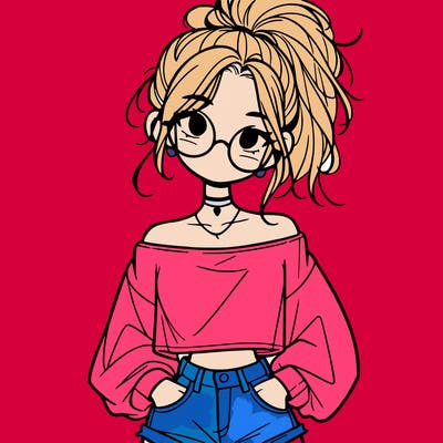 girl with a messy ponytail glasses a baggy crop top and jean shorts