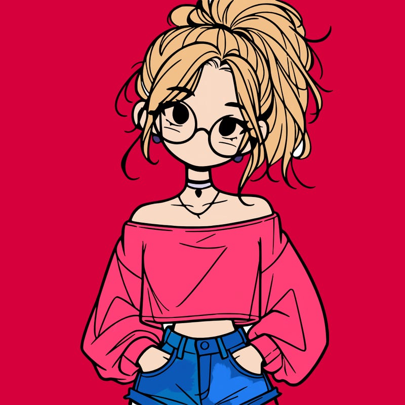 girl with a messy ponytail glasses a baggy crop top and jean shorts