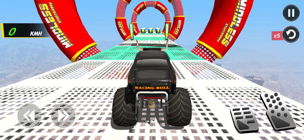 Black monster truck with bull horns on a high altitude stunt ramp in a 3D racing game
