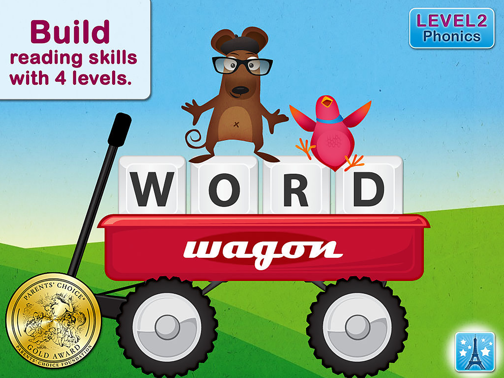 Word Wagon - Duck Duck Moose - Educational app screen showing a red wagon with blocks spelling WORD and characters Mozzarella the Mouse and Coco the bird