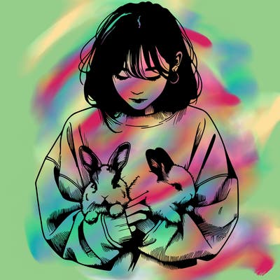 realistic girl with messy bunny baggy sweatshirt and holding bunnies