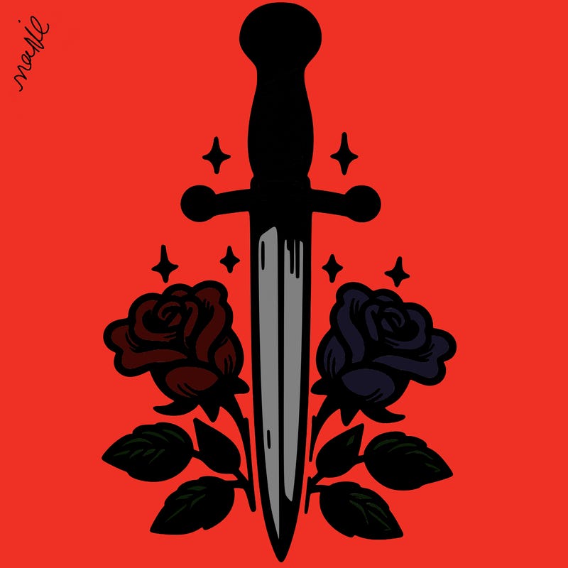 dagger in upright position with roses in front