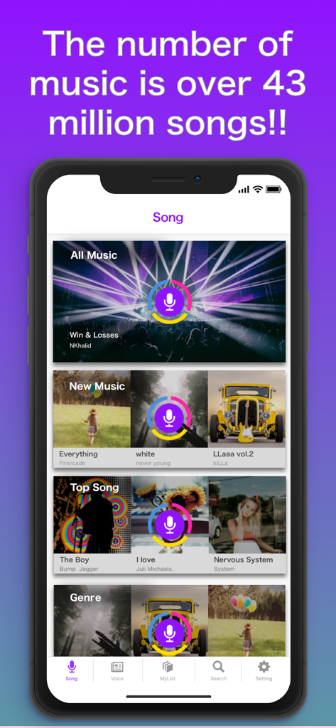 Karaoke Range & Voice Training - Mobile app screen showing a massive library of over 43 million songs categorized by popularity and genre for vocal range analysis