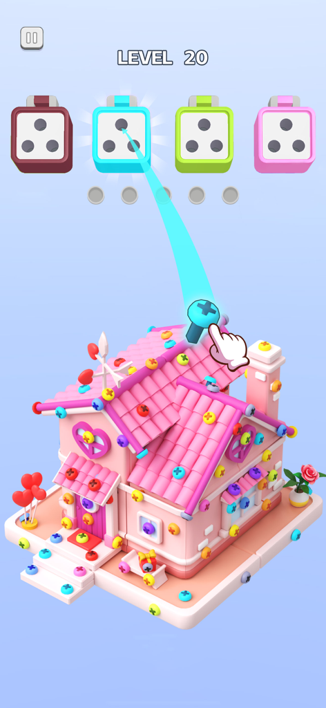 Screw Sort 3D: Pin Puzzle Game - A 3D puzzle game screen showing a pink house covered in colorful screws with a hand icon moving a cyan screw into a matching colored sorting box