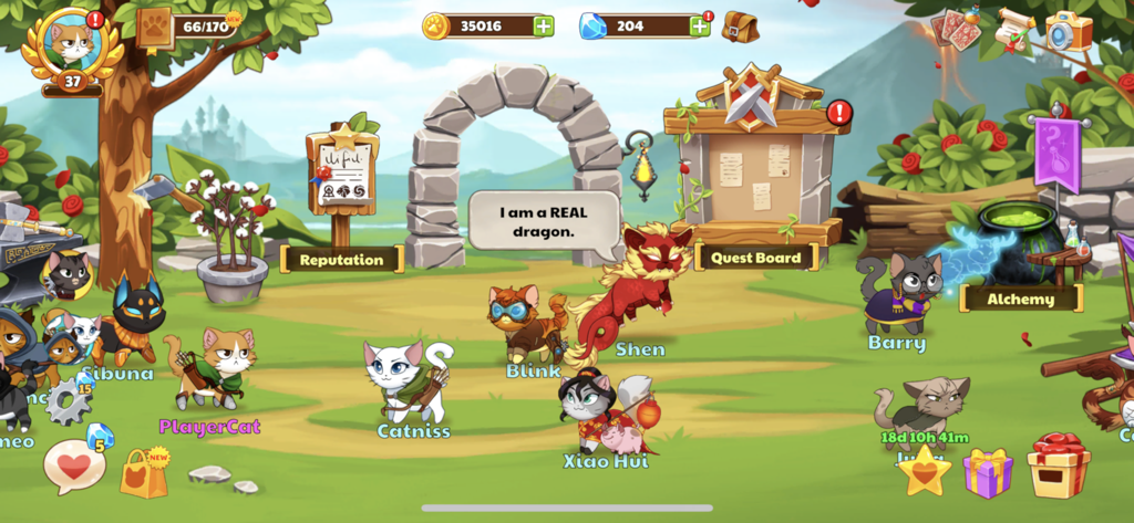 カラフルなクエストの村にいる様々なヒーロー猫を表示している、キャッスルキャッツのゲームプレイ画面