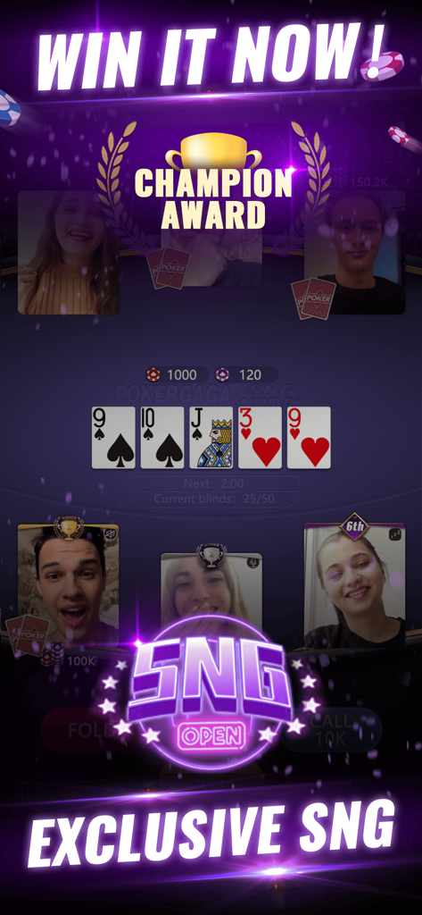 Interface of PokerGaga showing players in a Sit and Go poker tournament with live video chat faces