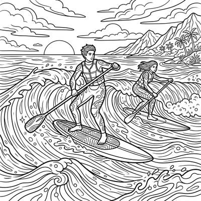 Immerse yourself in the thrill of stand up paddle surfing with this dynamic coloring page. Featuring two active riders conquering ocean waves against a beautiful tropical backdrop, it's an exciting scene waiting for your creative touch.