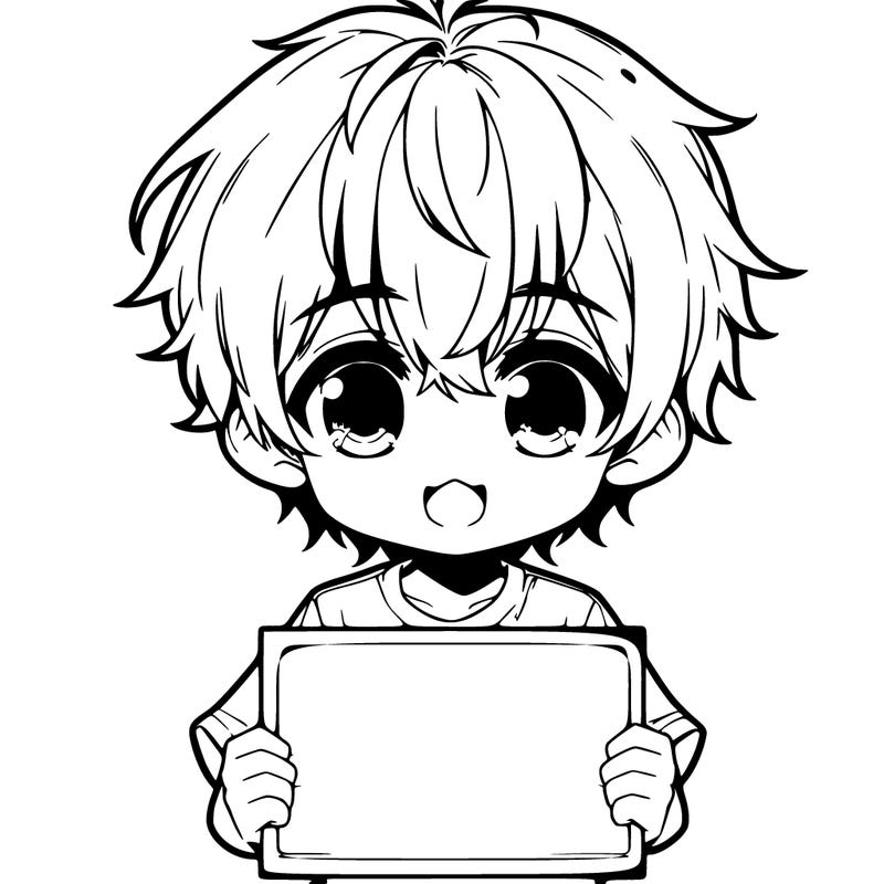 anime baby boy holding blank sign in front of him