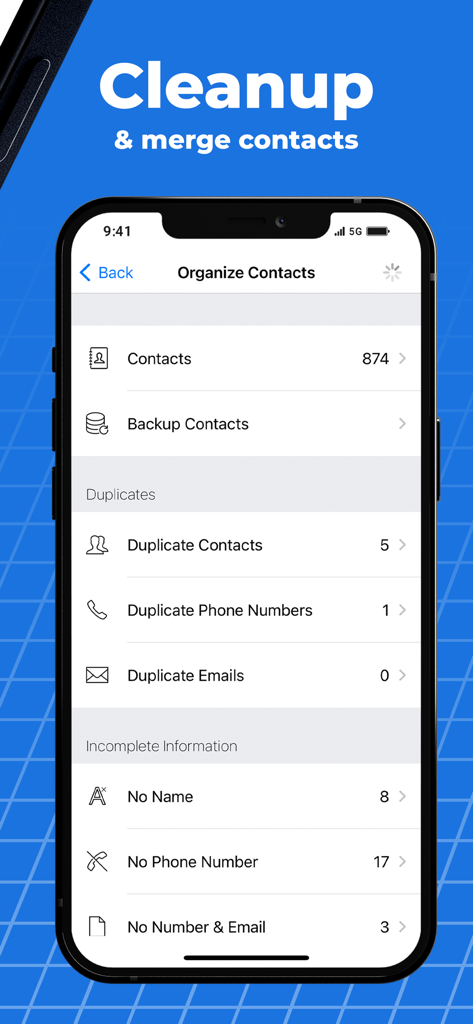 Interface do aplicativo Cleanup AZ mostrando o menu Organizar Contatos com contagens de contatos duplicados e incompletos