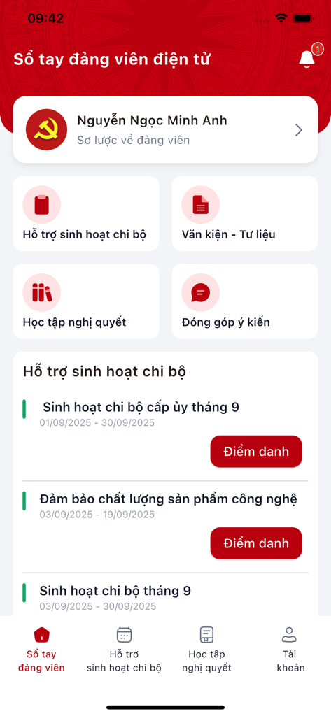 iCPV - Book - Panel principal de la aplicación del manual electrónico iCPV-Book que muestra el perfil del miembro del partido y las funciones de gestión de actividades.