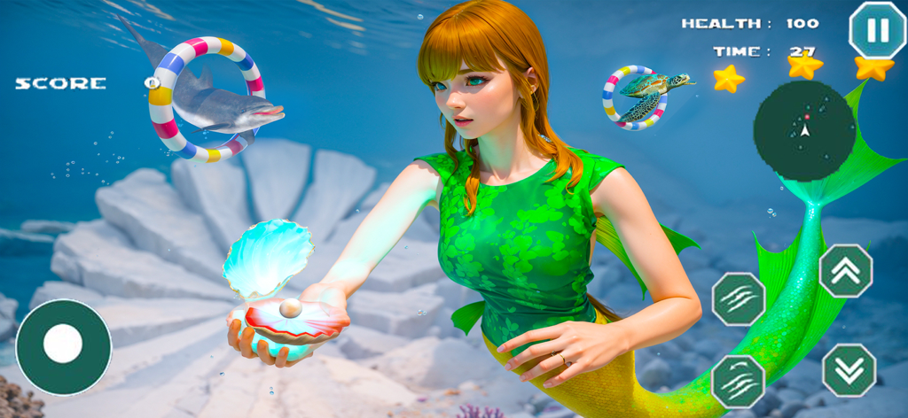 A mermaid character holding an open clam with a pearl underwater surrounded by sea creatures