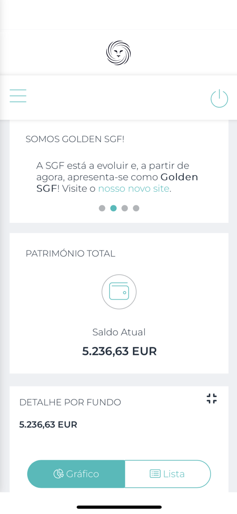 mySGF - mySGF 모바일 앱 대시보드, 총 자산 및 현재 잔액(유로) 표시