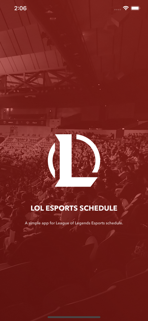 LoL Esports Schedule - 빨간색 e스포츠 경기장 배경에 League of Legends 로고가 표시된 LoL Esports Schedule 앱의 시작 화면