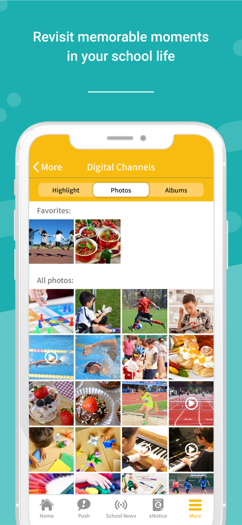 Galeria de Canais Digitais do eClass Student App com fotos da vida escolar