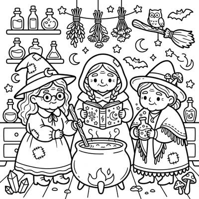Step into a charming world of magic with our Kawaii Crone Witches coloring page, featuring three adorable elderly witches in their mystical workshop. This delightful design is perfect for bringing a touch of heartwarming enchantment to your coloring sessions.