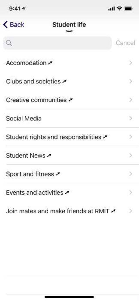 RMIT app - RMIT app student life menu listing options for accommodation clubs and societies and student news
