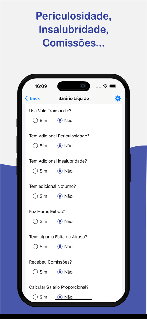 Mobile app interface in Portuguese showing a net salary calculation form with options for benefits and overtime