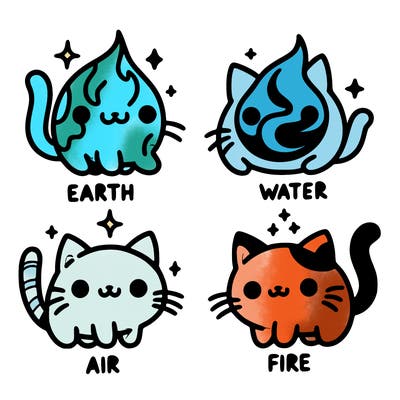 4 cats that represent the different elements, earth, water, air, and fire