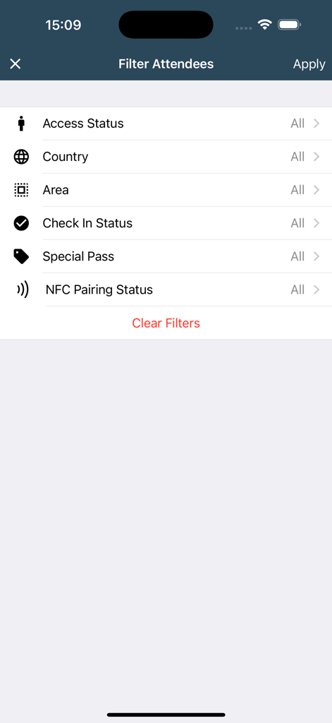 Magnetiq - Interface of the Magnetiq app showing filter options for event attendees including check in status and special passes.