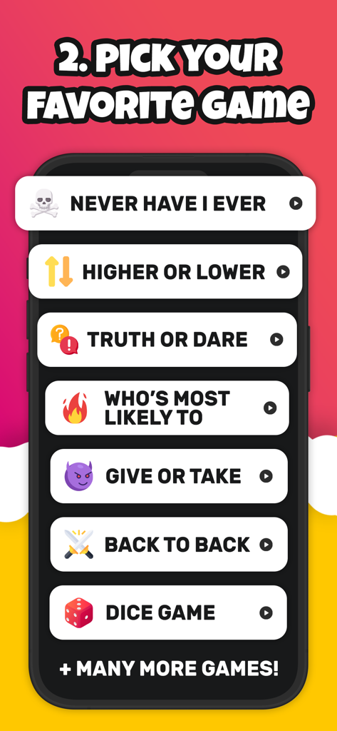 Cheers - Party Games - A smartphone screen showing a selection of party games in the Cheers app including Never Have I Ever and Truth or Dare.