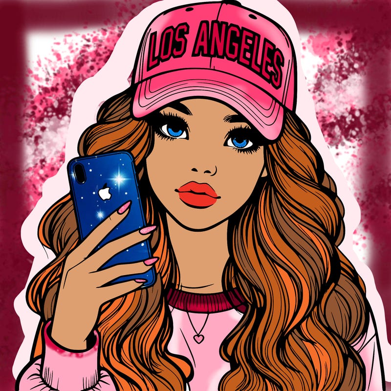 realistic beautiful girl wearing los ángeles cap holding an iphone