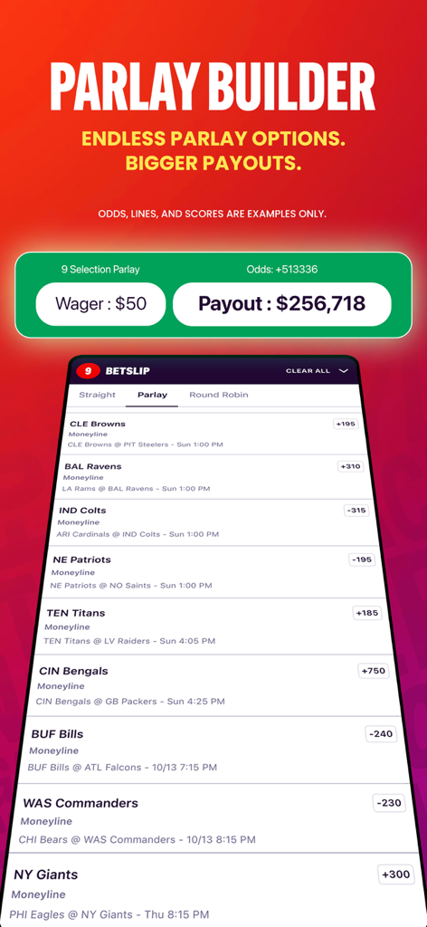 Bally Bet Sportsbook & Casino - Interfaz de la aplicación Bally Bet que muestra un boleto de apuesta combinada de 9 selecciones para múltiples juegos de la NFL