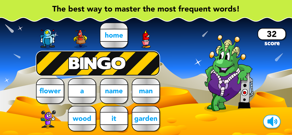 Sight Words Reading Games ABC - Gioco di Bingo educativo per bambini per imparare le parole Dolch con alieni colorati.