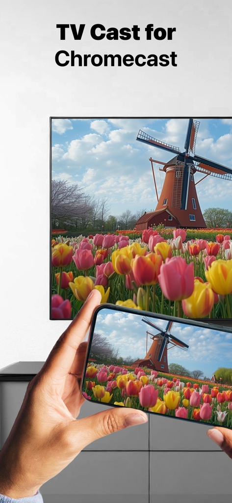 Espelhando uma foto de um moinho de vento de um iPhone para uma tela de TV grande usando o aplicativo Mirror for Chromecast.