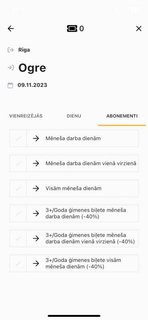 Vivi Latvija - Mobile app screen of Vivi Latvija showing various train ticket subscription options for the Riga to Ogre route