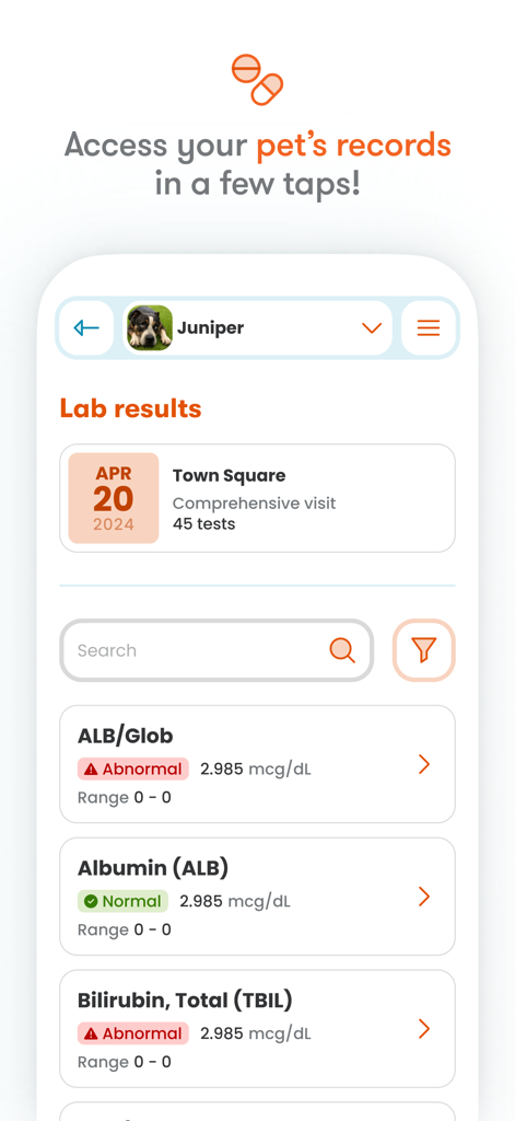 Capture d'écran de l'application Banfield Pet Hospital montrant les résultats de laboratoire et les dossiers de santé d'un animal.