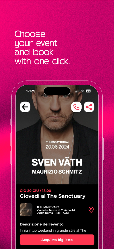 Nightify: events and tickets - L'interface de l'application Nightify montrant les détails d'un événement pour un set de DJ à Rome avec un bouton pour acheter des billets.