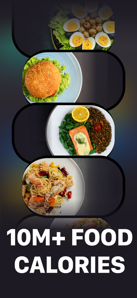 KKAL AI - Calorie Counter - Captura de pantalla de la aplicación mostrando una amplia variedad de comidas con texto resaltando una base de datos de más de 10 millones de calorías de alimentos.