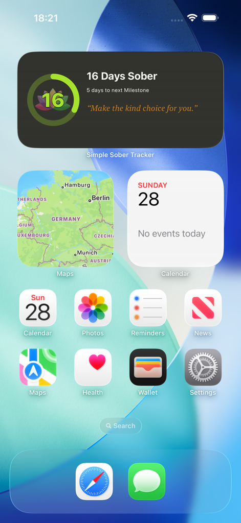 Simple Sober Tracker - Simple Sober Tracker iOS widget on a home screen showing 16 days sober and a motivational quote