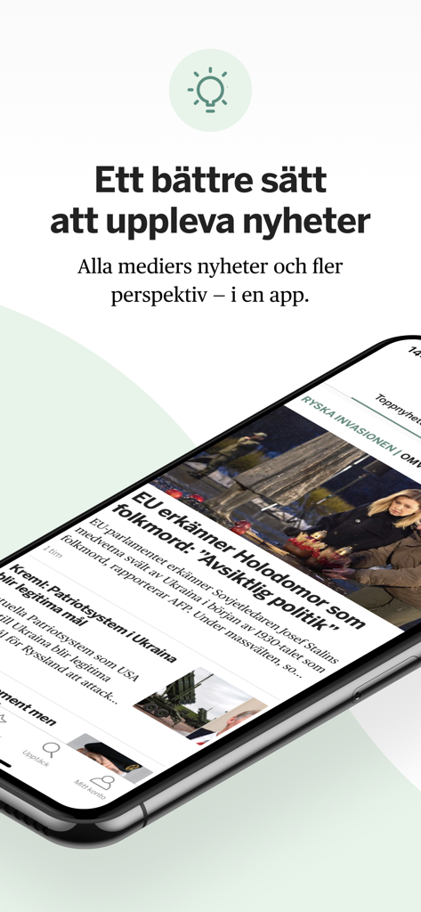 Smartphone showing the Omni news app interface with Swedish news headlines and a message about experiencing news from multiple perspectives.