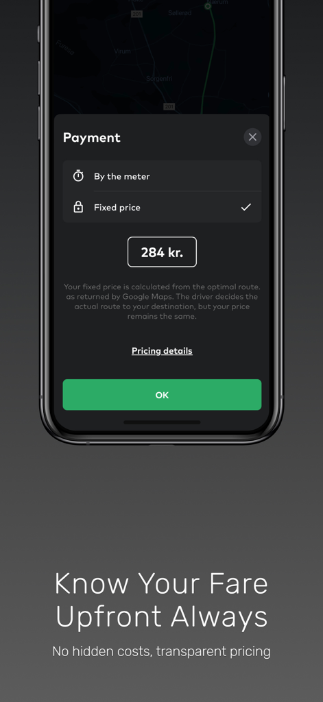 Dantaxi app interface showing the fixed price payment option for a taxi ride in Denmark