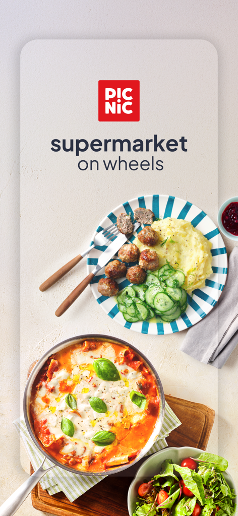 Picnic app branding with the slogan supermarket on wheels and photos of fresh prepared meals